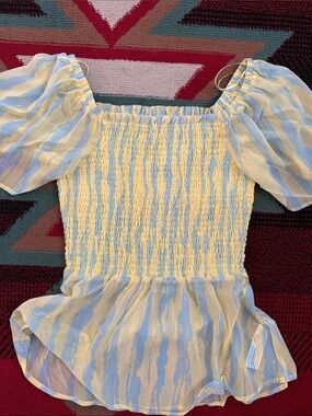 Anthropologie Yellow and Light Blue Smocked Off-Shoulder Peplum Top